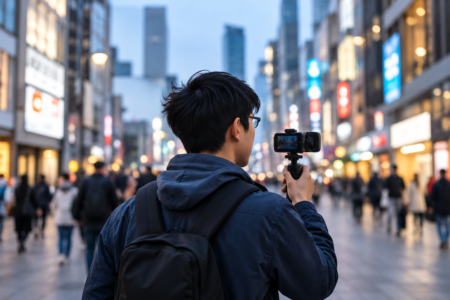 Creator filming on a city street